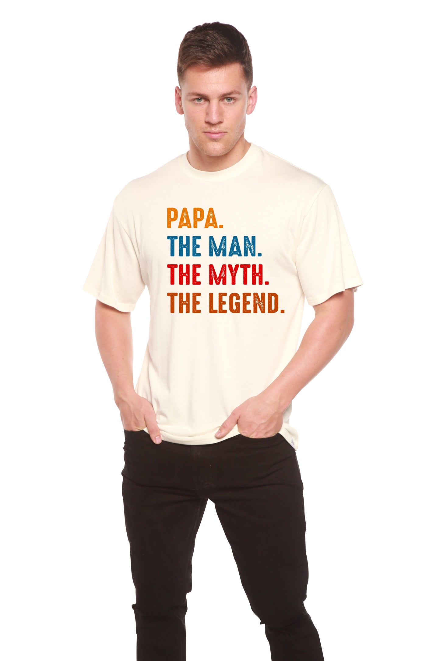 Spun Bamboo cream men's short sleeve graphic T-shirt with PAPA THE MAN THE MYTH THE LEGEND text on front on Tampa Home & Garden Store