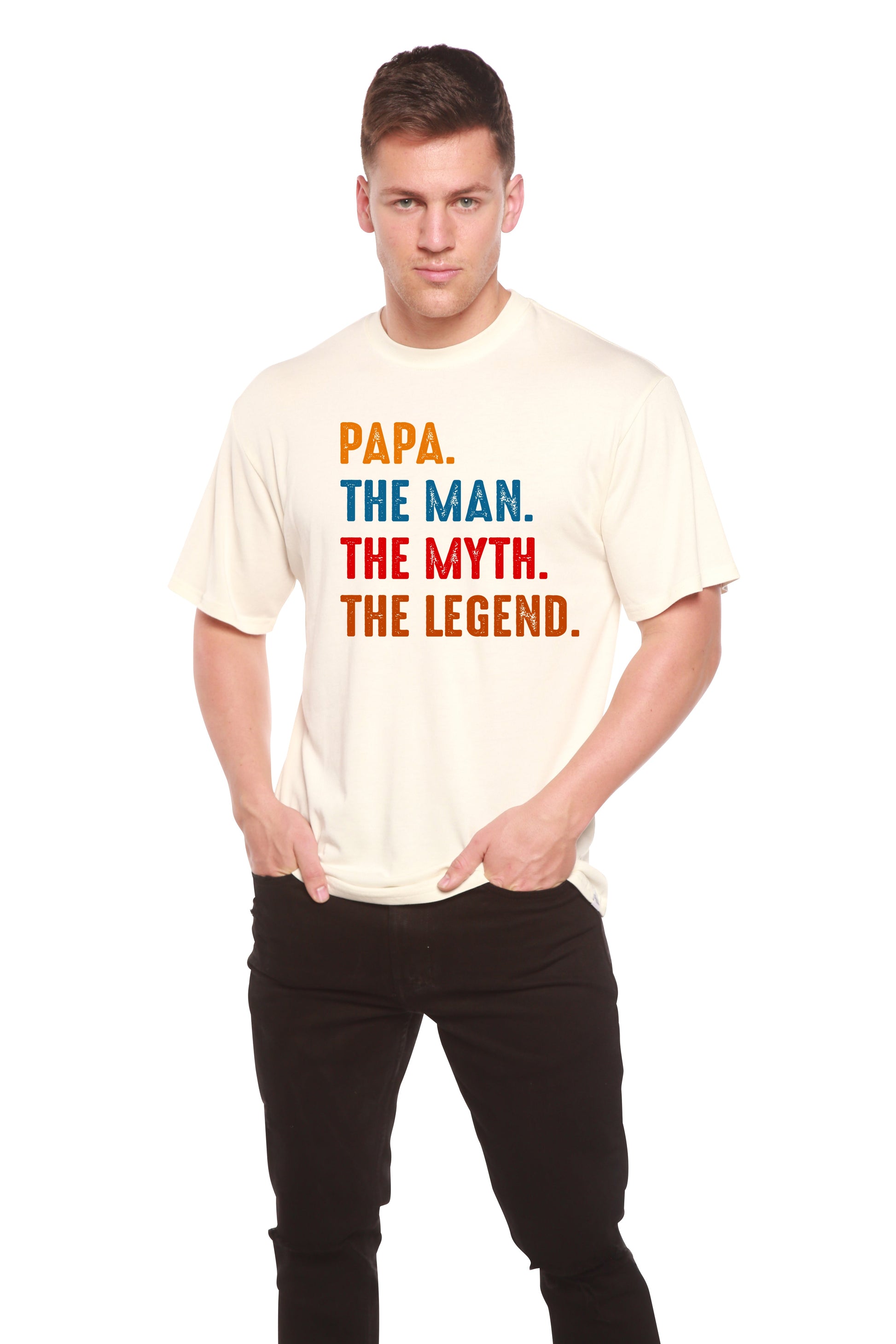 Spun Bamboo cream men's short sleeve graphic T-shirt with PAPA THE MAN THE MYTH THE LEGEND text on front on Tampa Home & Garden Store