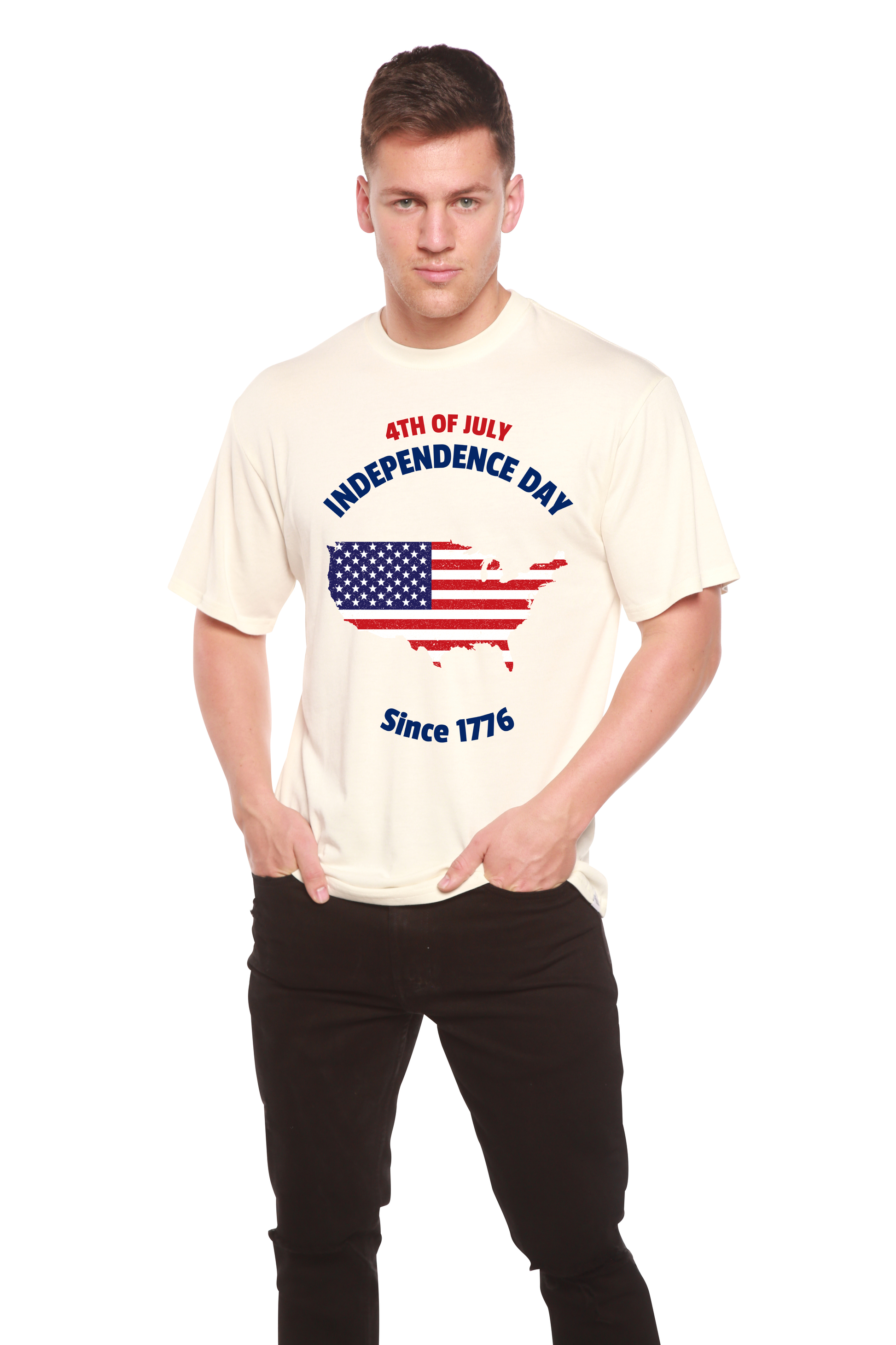 Men's graphic T-shirt by Spun Bamboo; cream short sleeve with 4th of July flag map on Tampa Home & Garden Store