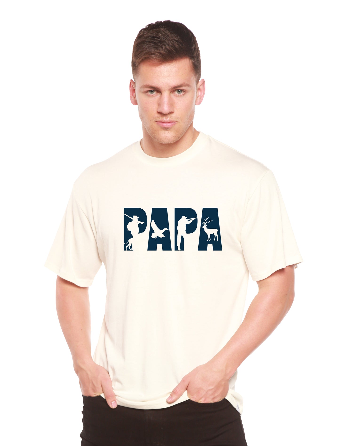 PAPA men's graphic short sleeve T-shirt in cream with navy logo and silhouette artwork on Tampa Home & Garden Store