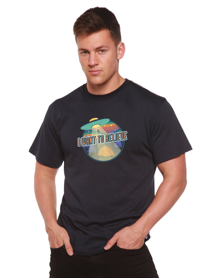 Men's bamboo printed T-shirt in black with I Want to Believe UFO graphic by Spun Bamboo on Tampa Home & Garden Store