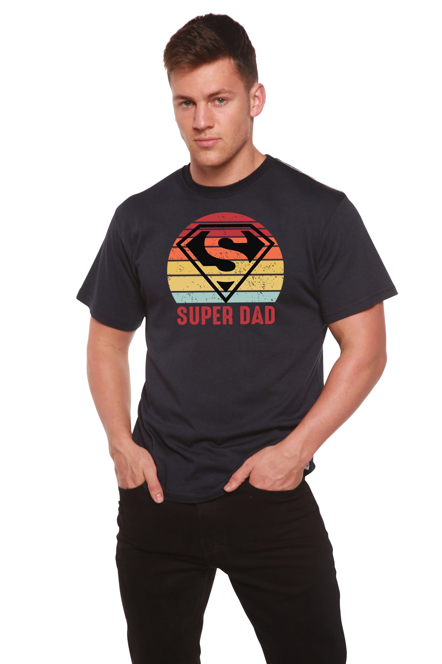 Super Dad men's bamboo viscose/organic cotton graphic tee with retro rainbow circle and S shield on Tampa Home & Garden Store