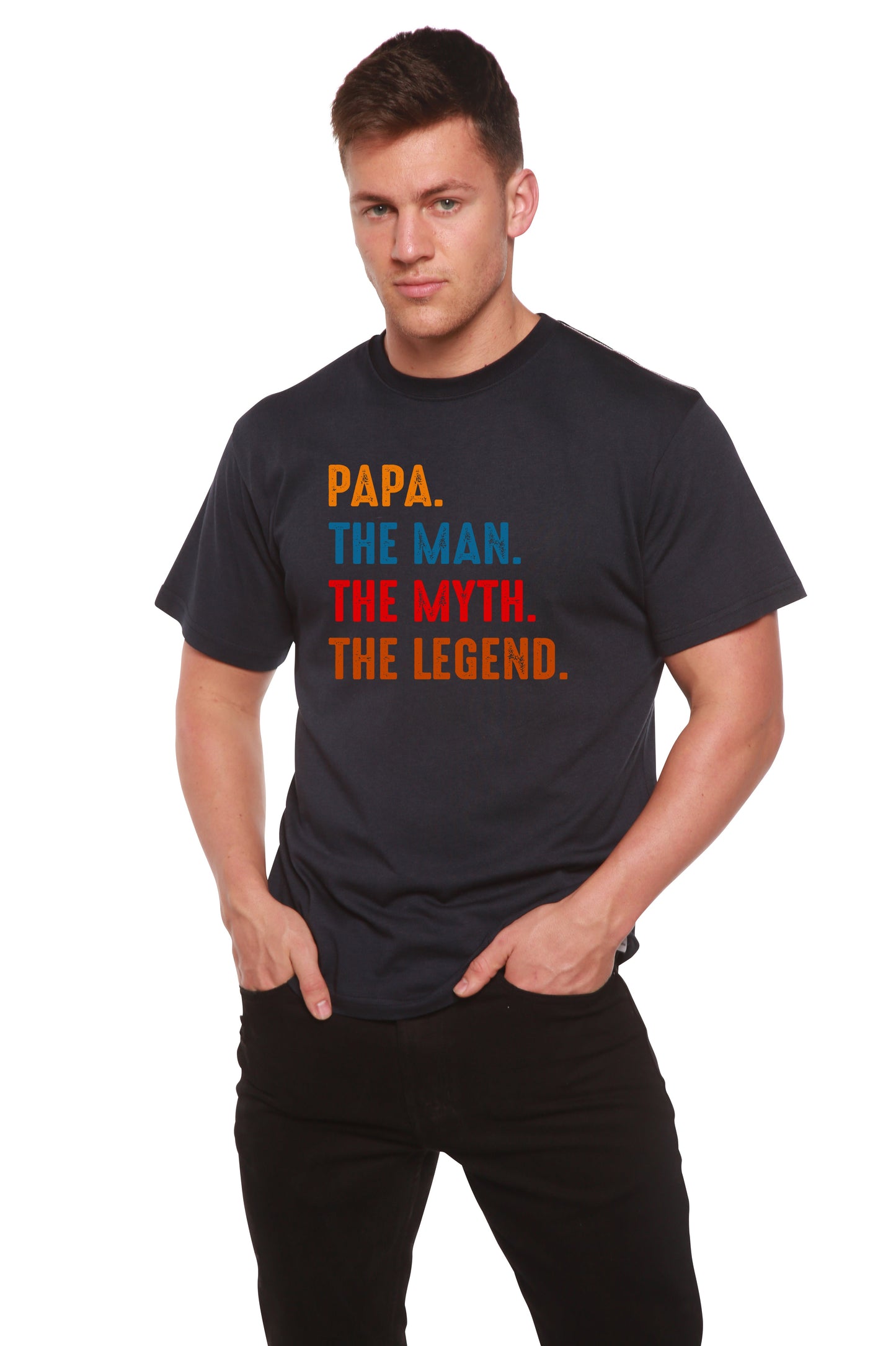 Spun Bamboo bamboo viscose/organic cotton shirt Papa the Man Myth the Legend in orange text on Tampa Home & Garden Store