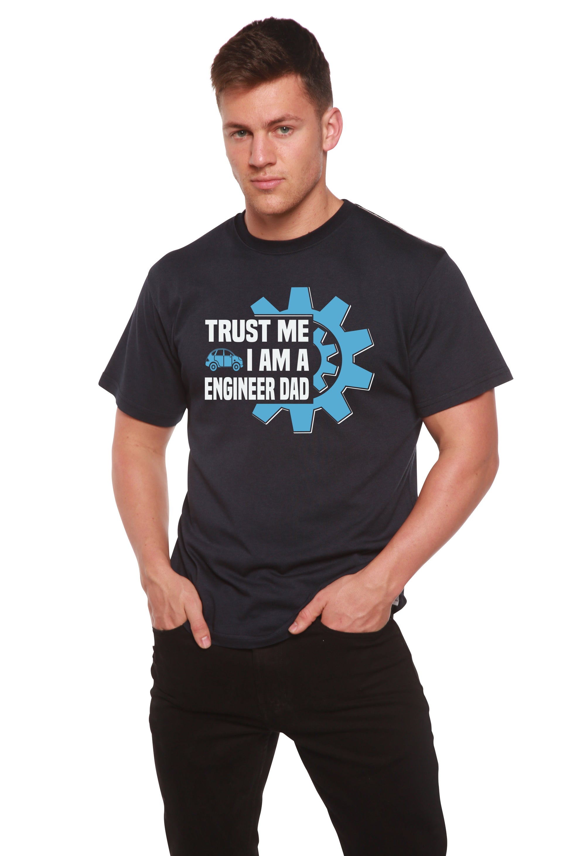 Mens black Spun Bamboo printed T-shirt with blue gear graphic and white text Trust Me I Am A Engineer Dad on Tampa Home & Garden Store