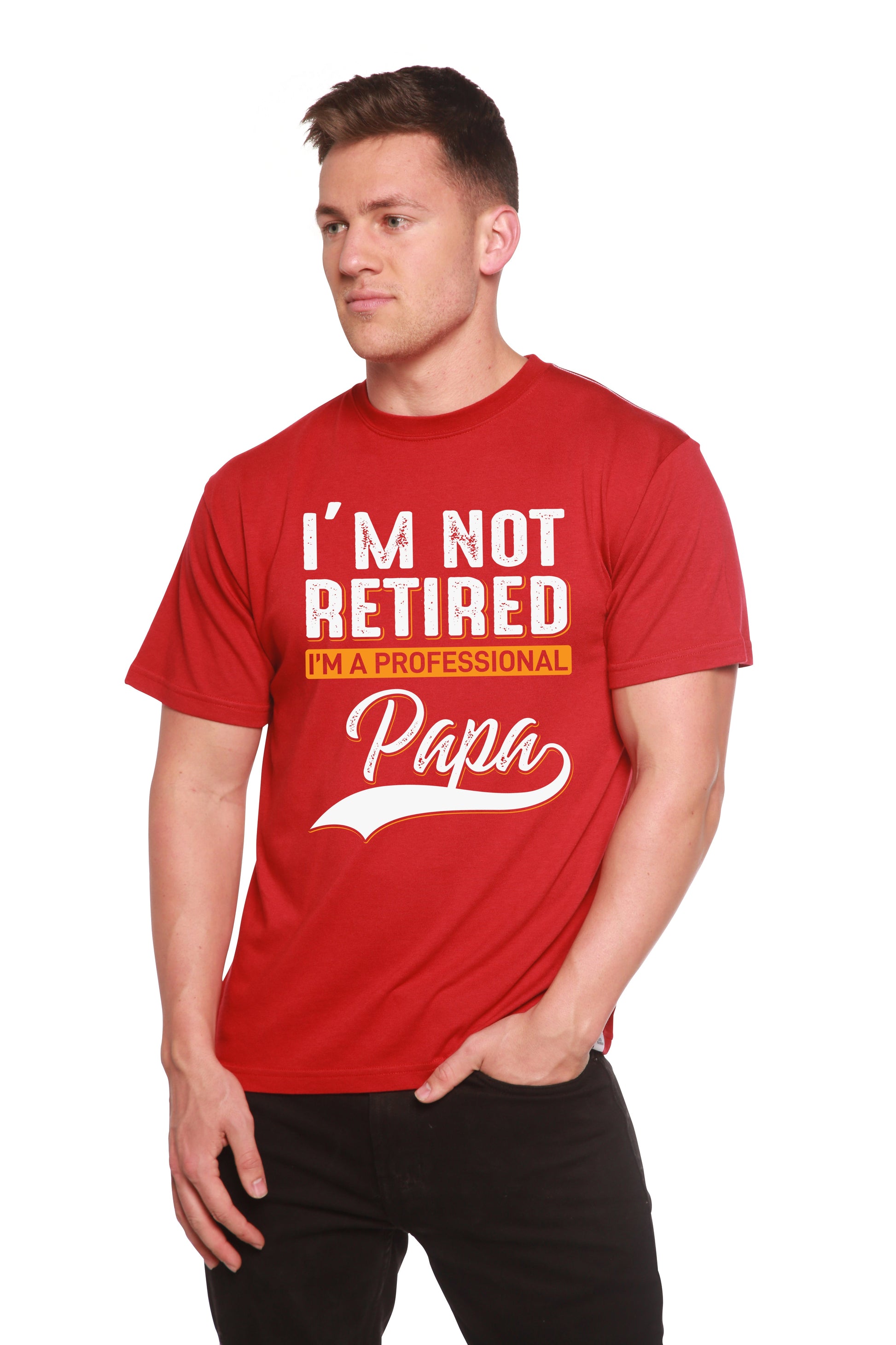 Red bamboo short sleeve tee with white I'M NOT RETIRED and orange I'M A PROFESSIONAL Papa on Tampa Home & Garden Store