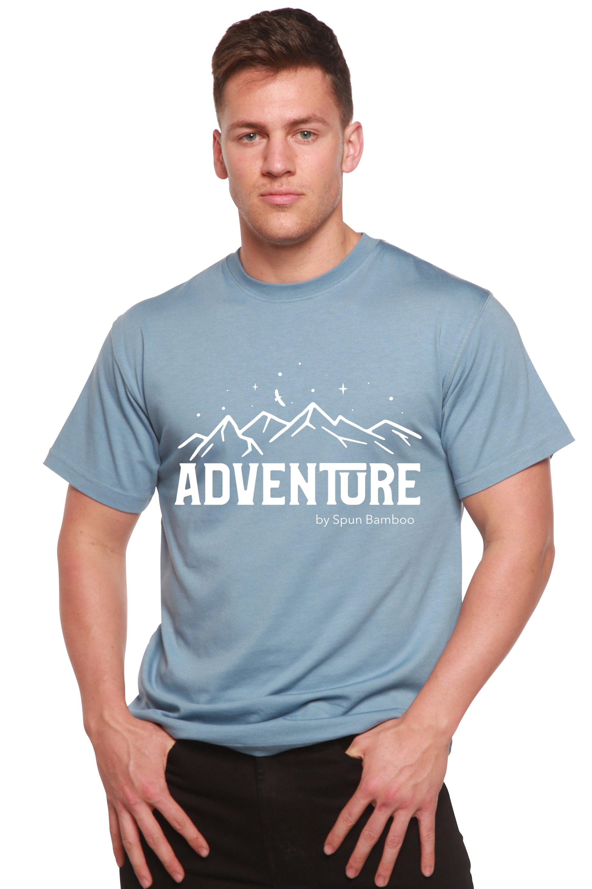 Adventure printed men's T-shirt in light blue bamboo viscose/organic cotton by Spun Bamboo on Tampa Home & Garden Store