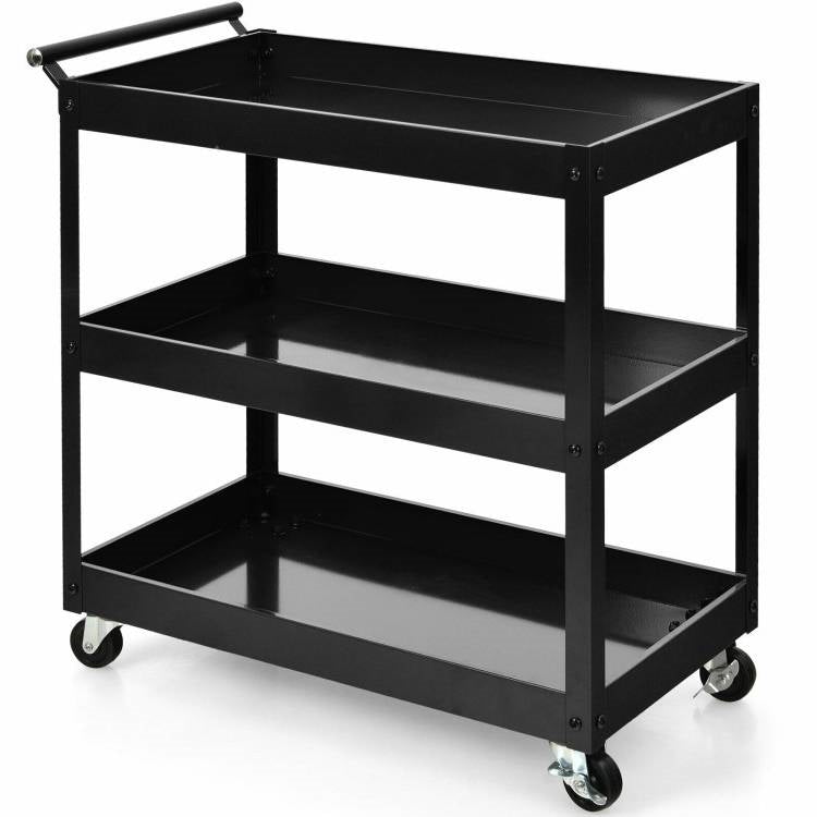 Carrito de servicio auxiliar de cocina de acero negro con ruedas y 2 estantes inferiores