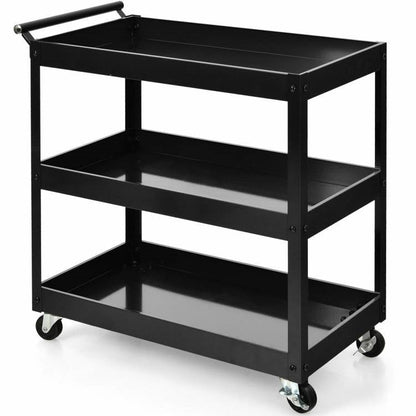 Carrito de servicio auxiliar de cocina de acero negro con ruedas y 2 estantes inferiores