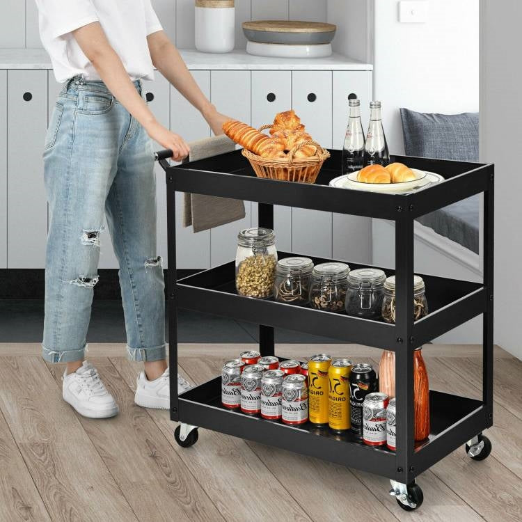 Carrito de servicio auxiliar de cocina de acero negro con ruedas y 2 estantes inferiores
