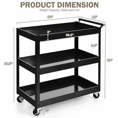 Carrito de servicio auxiliar de cocina de acero negro con ruedas y 2 estantes inferiores