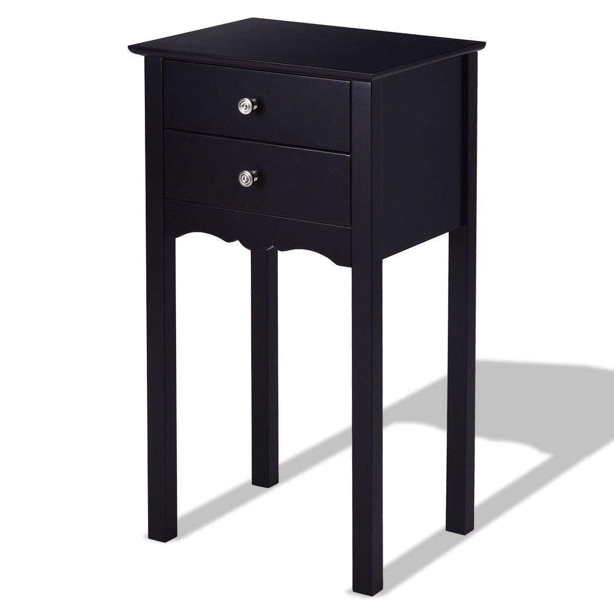 Elegante mesa auxiliar/de noche de 2 cajones en acabado de madera negra