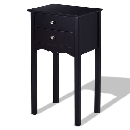 Elegante mesa auxiliar/de noche de 2 cajones en acabado de madera negra