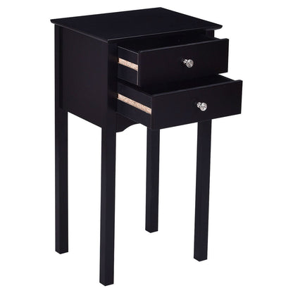 Elegante mesa auxiliar/de noche de 2 cajones en acabado de madera negra