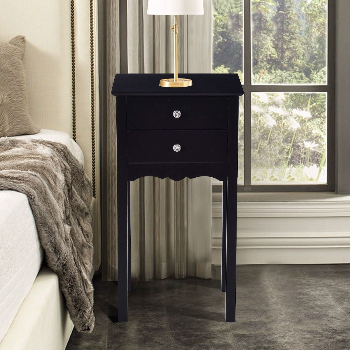 Elegante mesa auxiliar/de noche de 2 cajones en acabado de madera negra