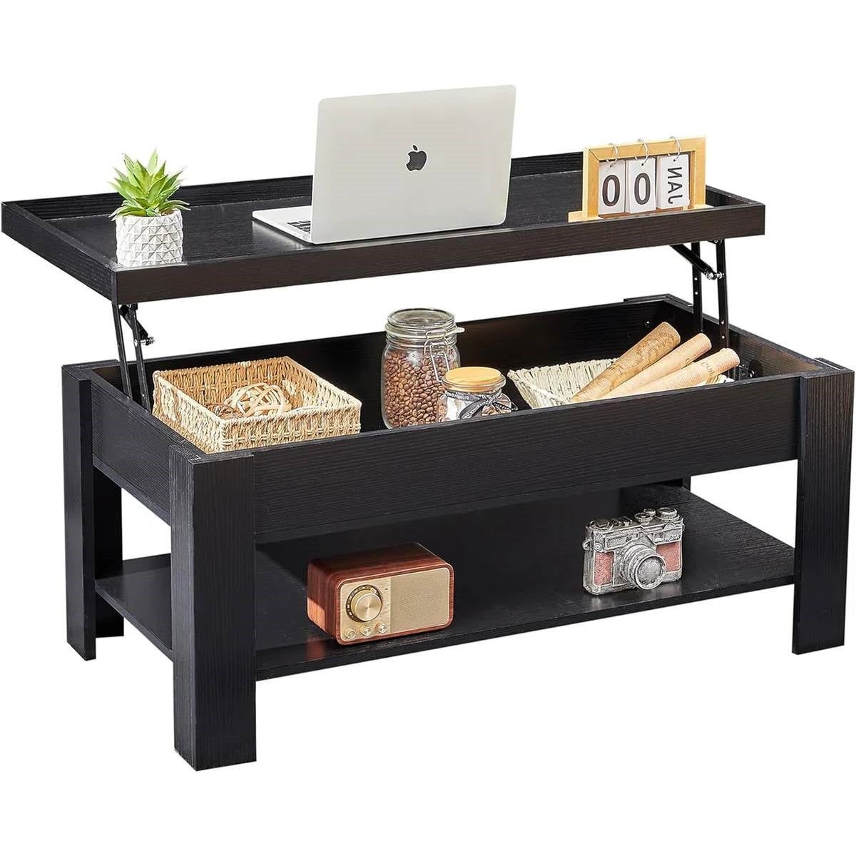 Mesa de centro elevable moderna con bandeja para laptop y estante de almacenamiento en acabado de madera negra
