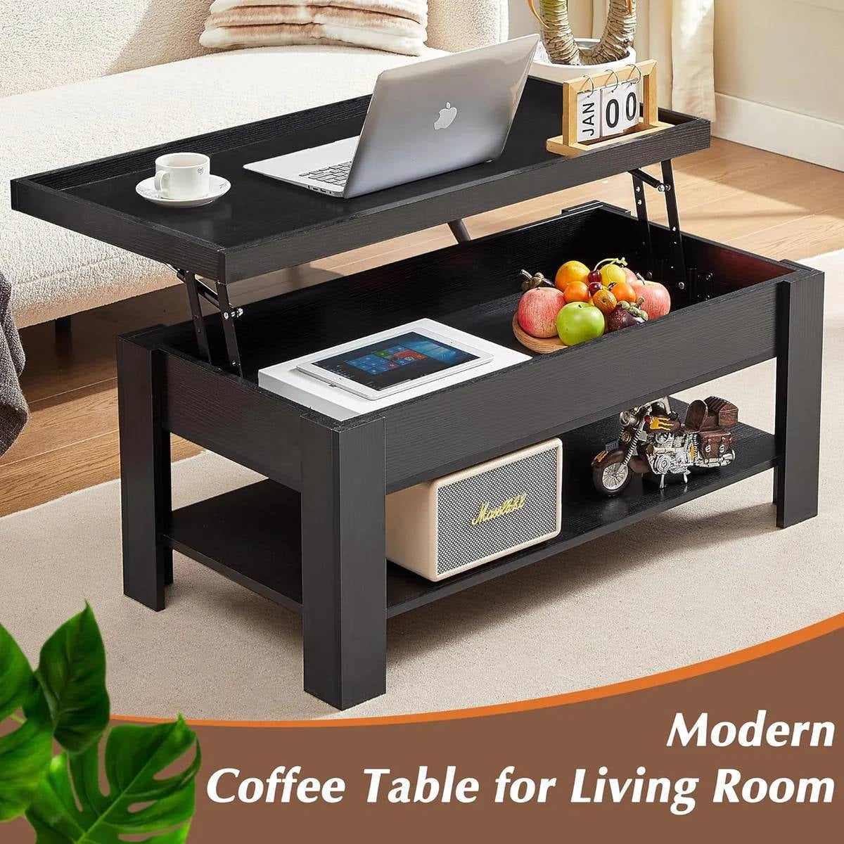 Mesa de centro elevable moderna con bandeja para laptop y estante de almacenamiento en acabado de madera negra