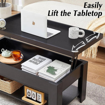 Mesa de centro elevable moderna con bandeja para laptop y estante de almacenamiento en acabado de madera negra