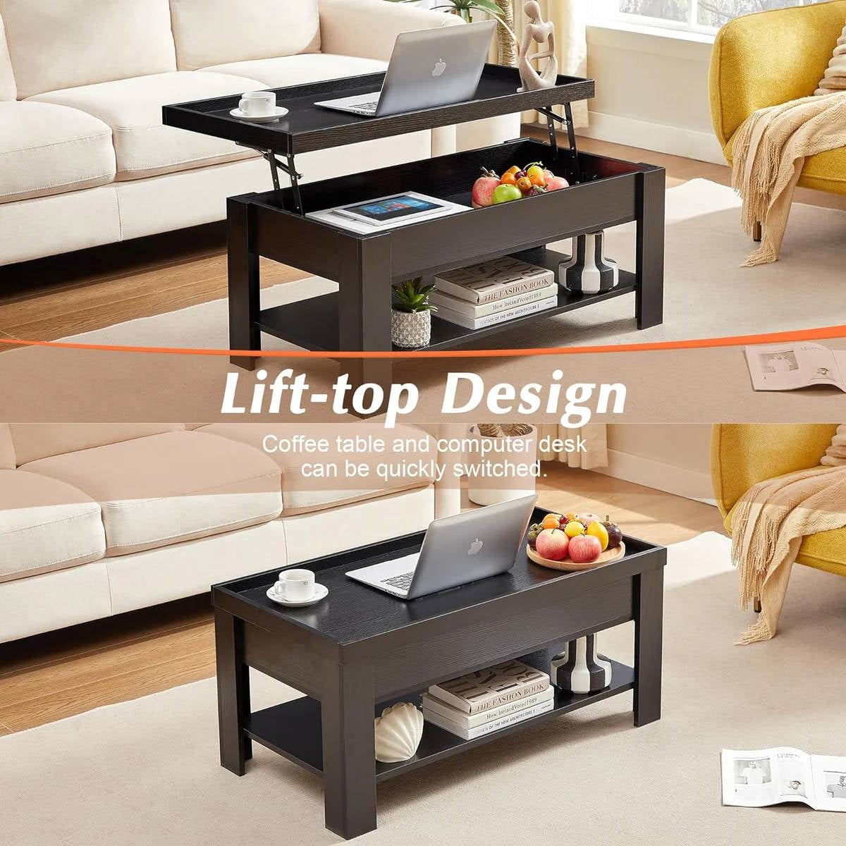 Mesa de centro elevable moderna con bandeja para laptop y estante de almacenamiento en acabado de madera negra
