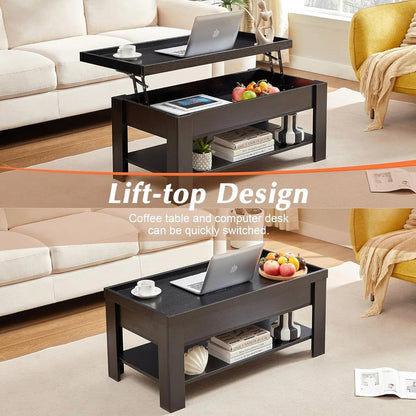 Mesa de centro elevable moderna con bandeja para laptop y estante de almacenamiento en acabado de madera negra
