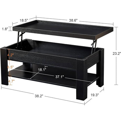 Mesa de centro elevable moderna con bandeja para laptop y estante de almacenamiento en acabado de madera negra