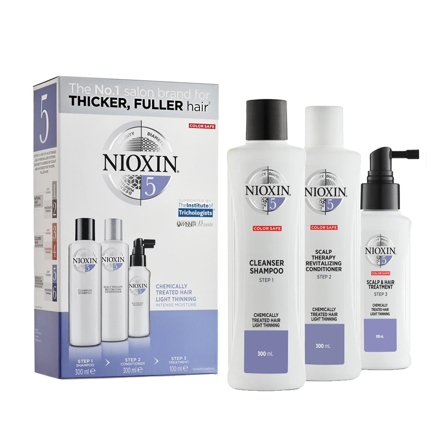 Nioxin 5 hair care set for chemically treated hair, 3-step kit with white bottles on Tampa Home & Garden Store