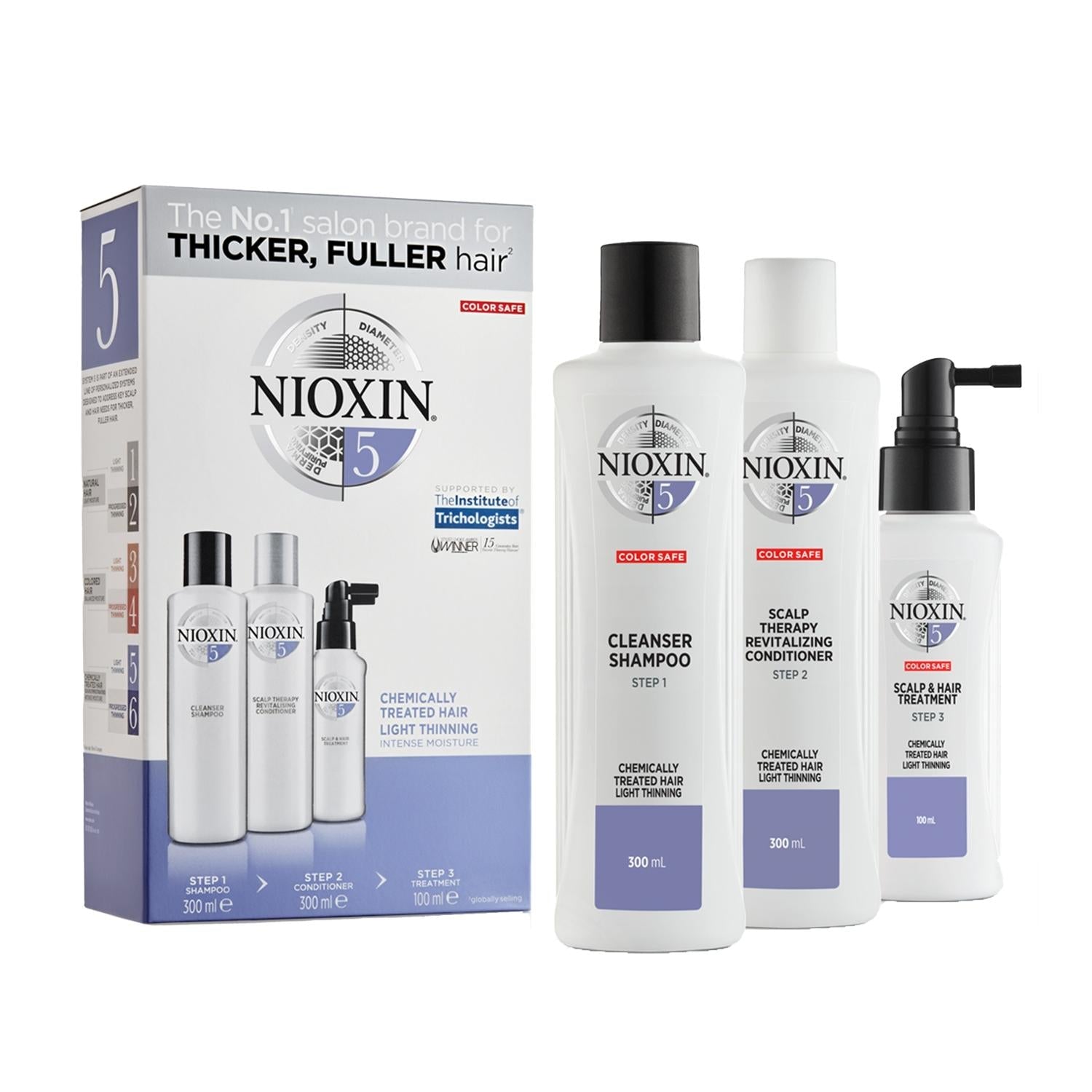 Nioxin 5 hair care set for chemically treated hair, 3-step kit with white bottles on Tampa Home & Garden Store