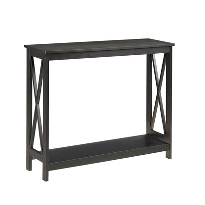 Black wood console sofa table with bottom shelf and crisscross side panels, HomePacific on Tampa Home & Garden Store