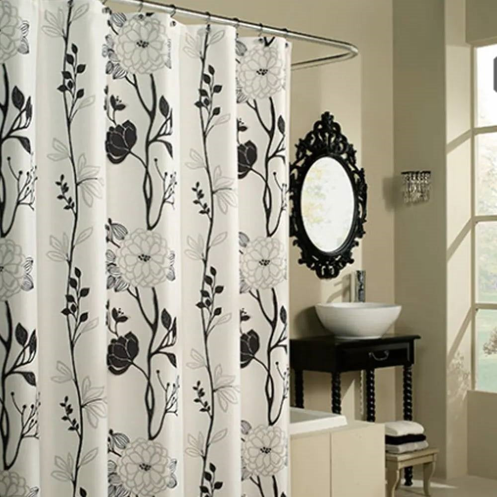 Cortina de ducha de tela de poliéster de 71 pulgadas con diseño floral bohemio en blanco y negro