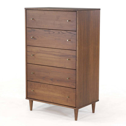 Farmhouse rustic walnut mid-century 5-drawer chest by HomePacific with tapered legs on Tampa Home & Garden Store