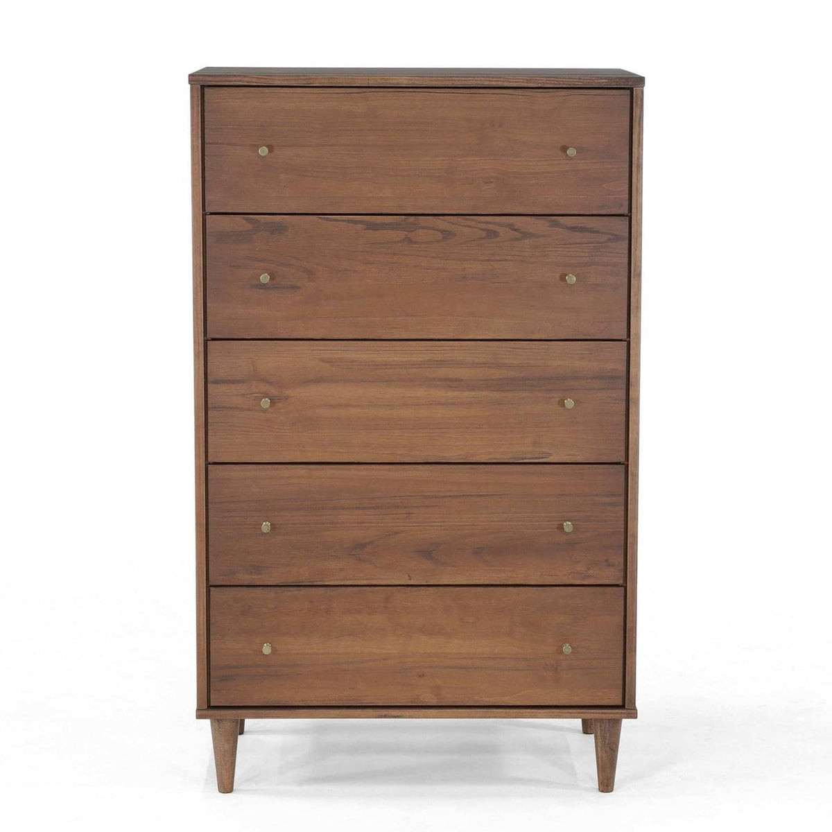 Farmhouse Rustic Walnut Mid Century 5 Drawer Chest with brass knobs by HomePacific on Tampa Home & Garden Store