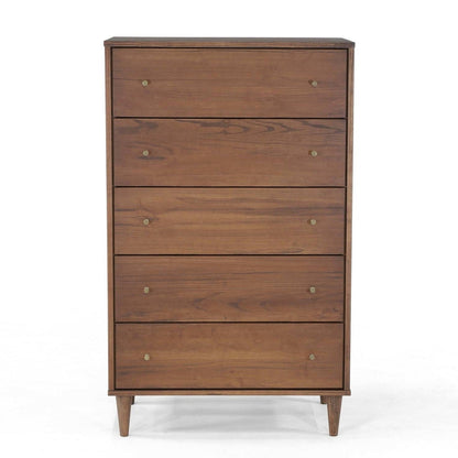 Farmhouse Rustic Walnut Mid Century 5 Drawer Chest with brass knobs by HomePacific on Tampa Home & Garden Store