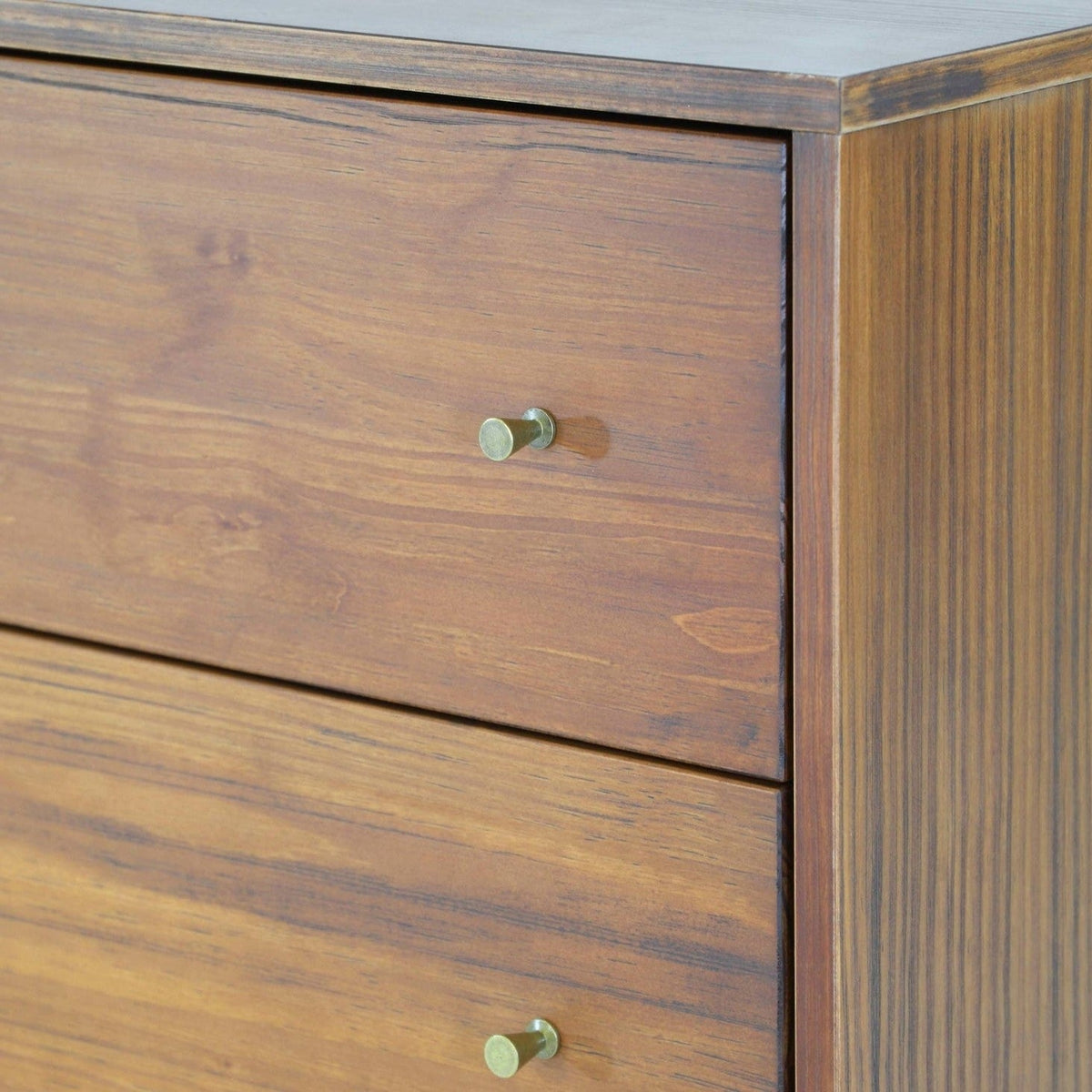 Farmhouse rustic walnut 5-drawer chest with brass knobs in mid-century style on Tampa Home & Garden Store