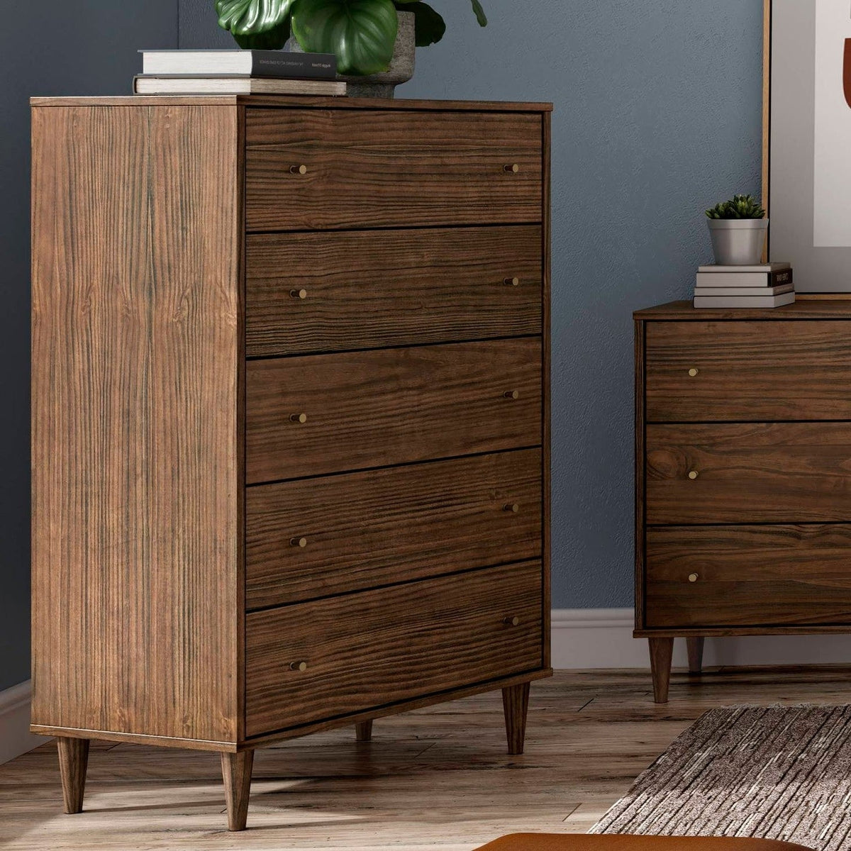 Walnut farmhouse mid-century 5-drawer chest with warm grain and tapered legs on Tampa Home & Garden Store