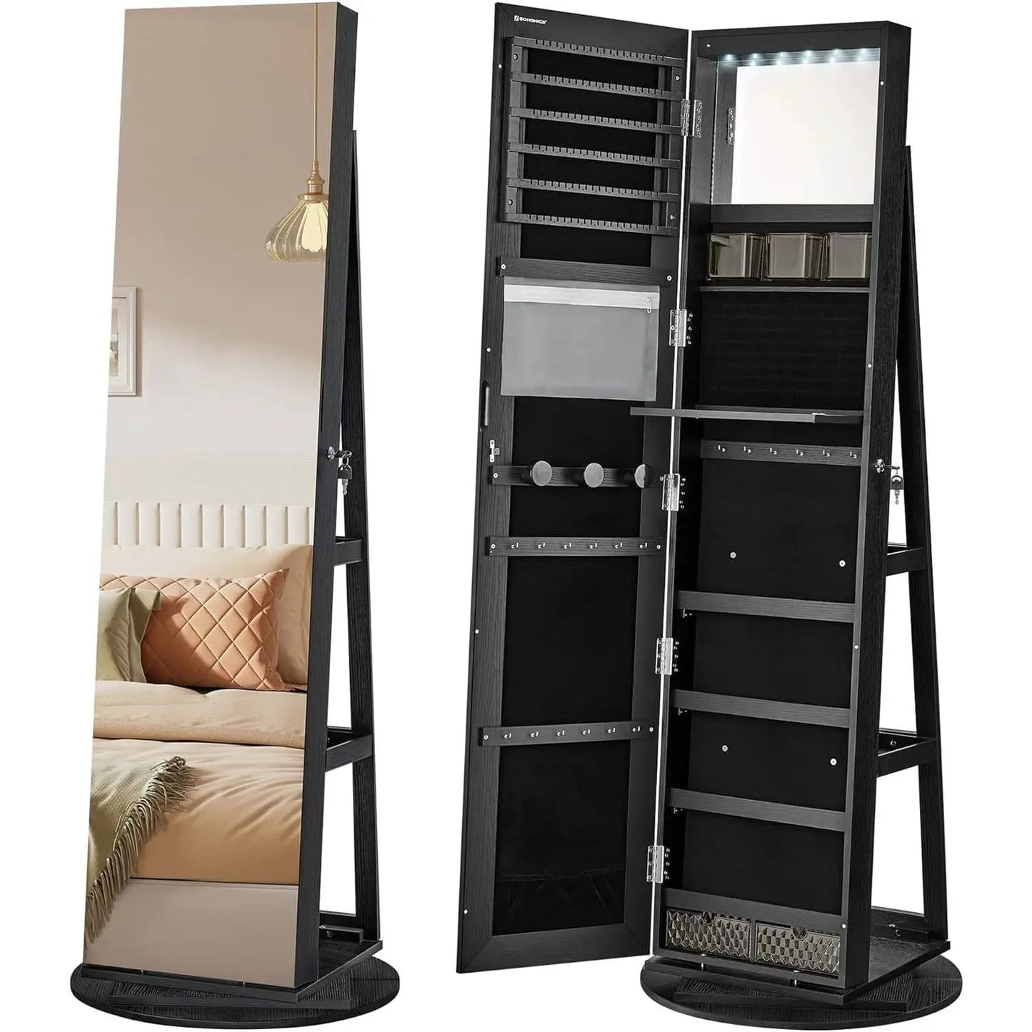 Black Wood Jewelry Cabinet Armoire with Mirror