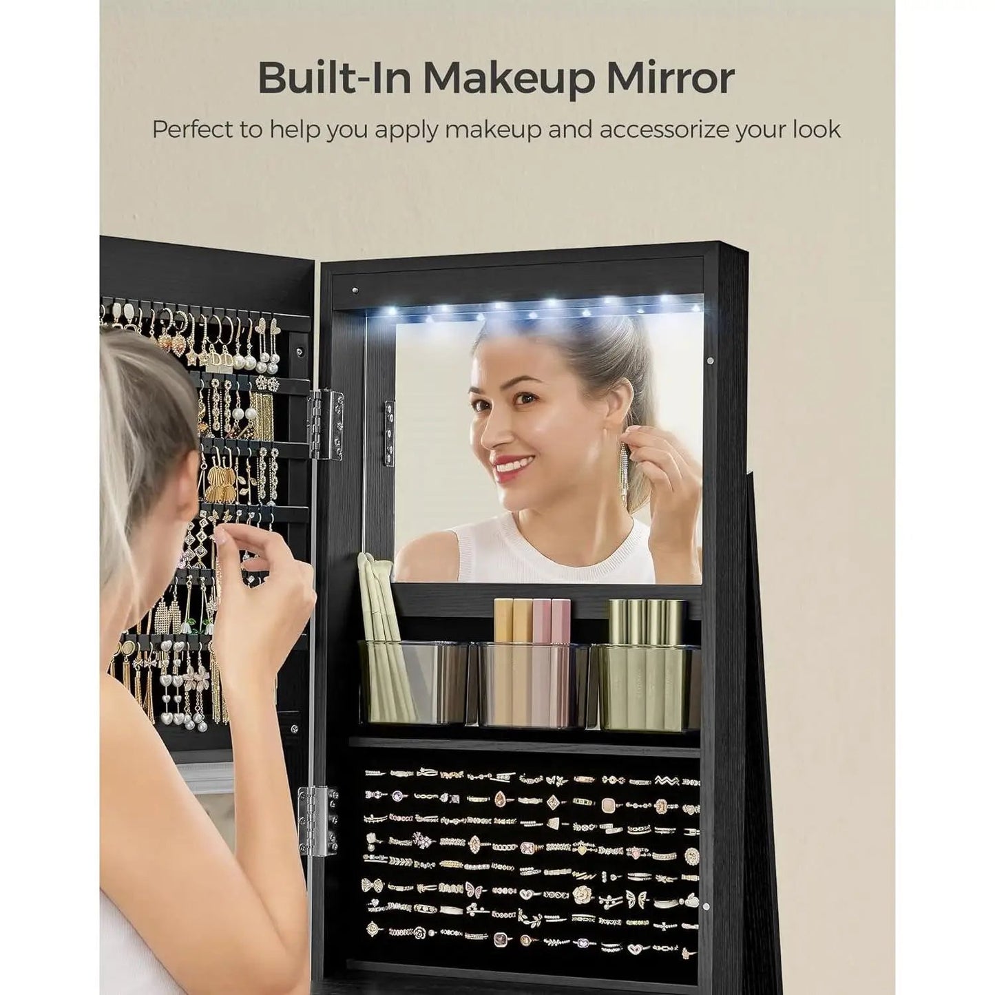 Black Wood Jewelry Cabinet Armoire with Mirror
