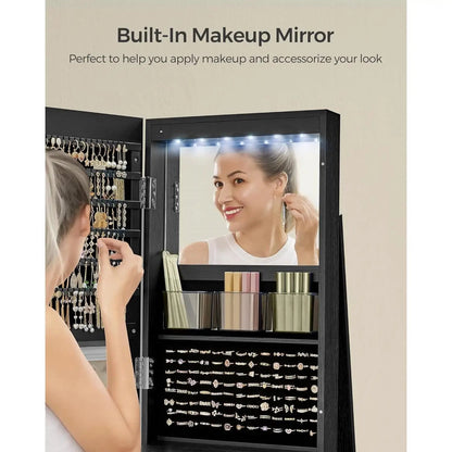 Black Wood Jewelry Cabinet Armoire with Mirror