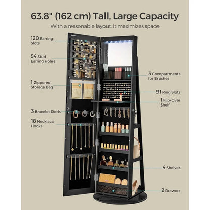 Black Wood Jewelry Cabinet Armoire with Mirror