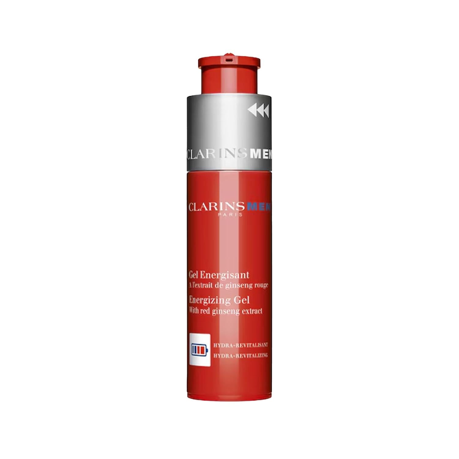 Clarins Men Energizing Gel travel-size facial moisturizer bottle red with silver label on Tampa Home & Garden Store