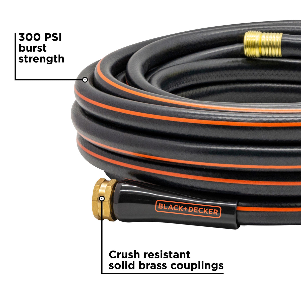Orbit Irrigation medium duty 50 ft garden hose, black with orange stripe, 4-ply brass fittings on Tampa Home & Garden Store