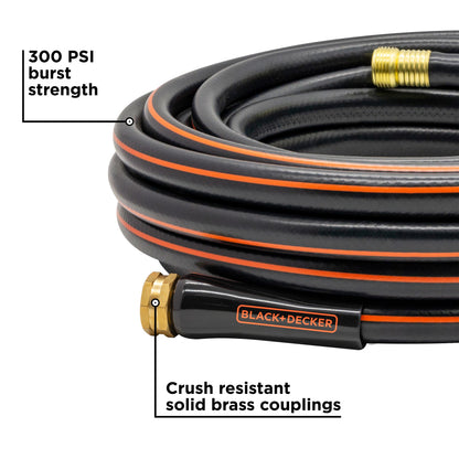 Orbit Irrigation medium duty 50 ft garden hose, black with orange stripe, 4-ply brass fittings on Tampa Home & Garden Store