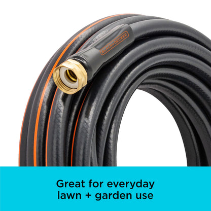 Garden hose 50 ft, 4-ply brass fittings, black hose with orange stripe, Black+Decker on Tampa Home & Garden Store