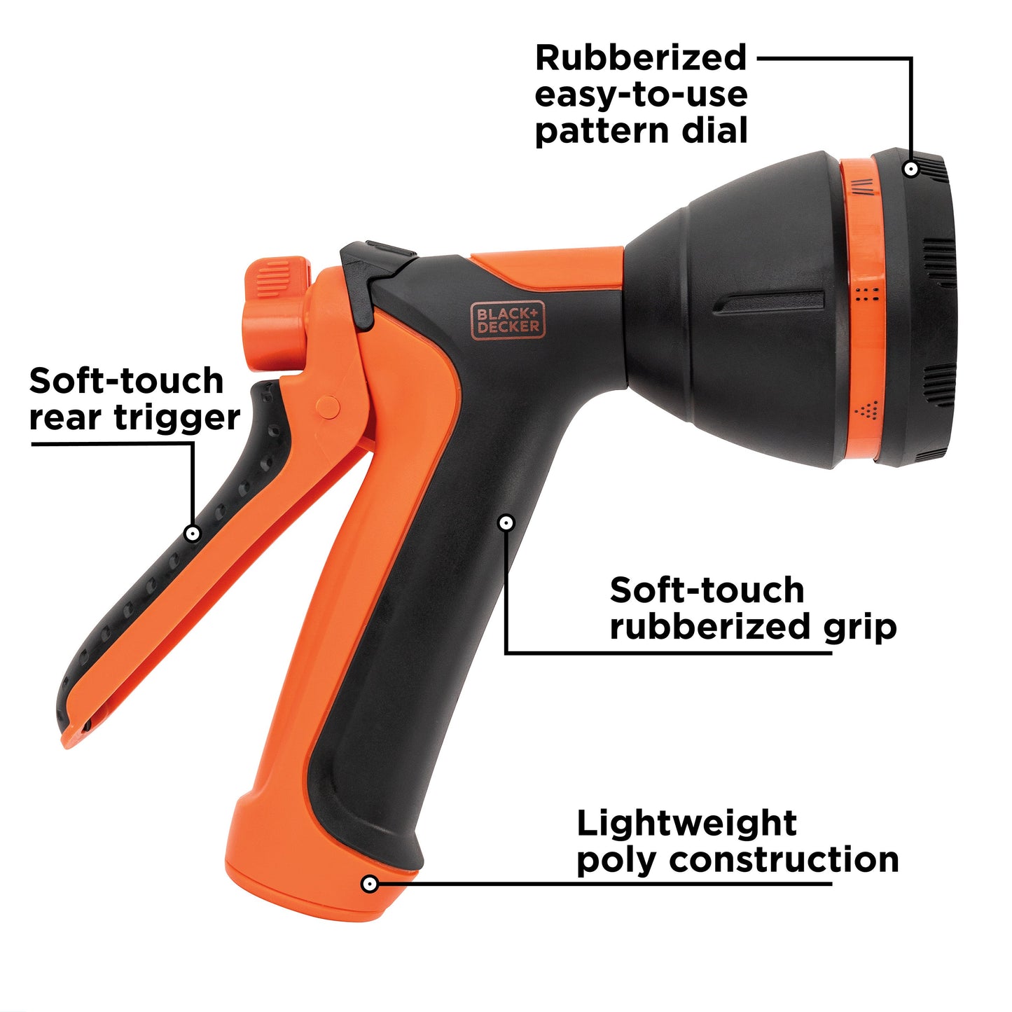 Hose end nozzle BXWNBB57390, orange/black with rubberized grip and 8-pattern dial Black+Decker on Tampa Home & Garden Store