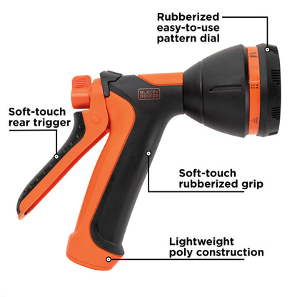 Hose end nozzle BXWNBB57390, orange/black with rubberized grip and 8-pattern dial Black+Decker on Tampa Home & Garden Store