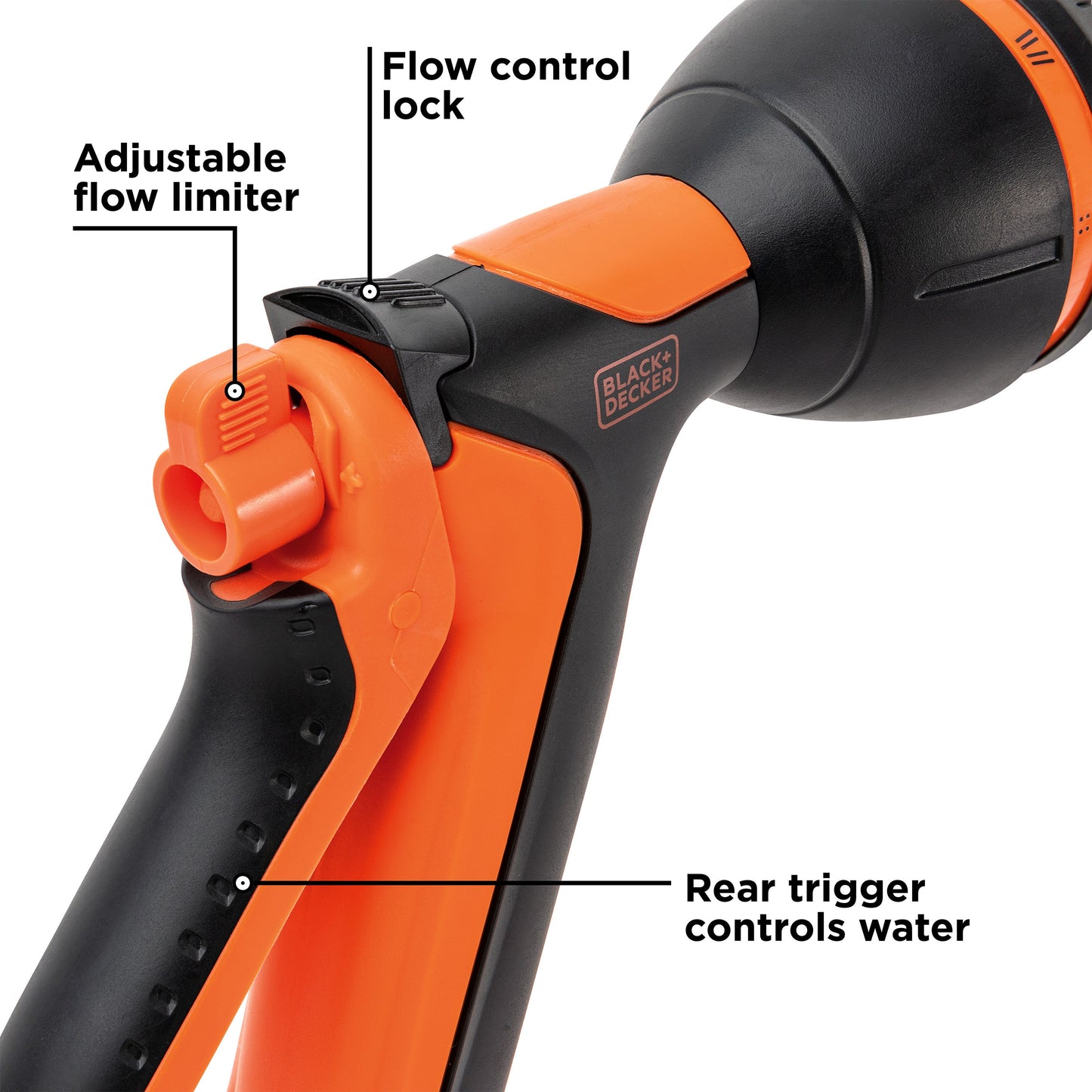 B+D 8-Pattern Nozzle BXWNBB57390 hose end orange/black with Black+Decker logo on Tampa Home & Garden Store