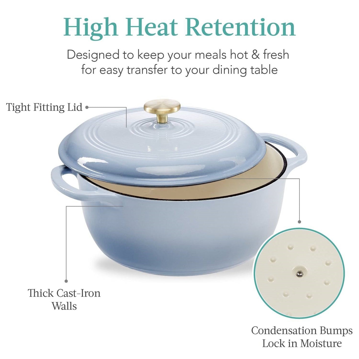 Horno holandés de hierro fundido esmaltado azul claro de 6 cuartos de galón, utensilio de cocina