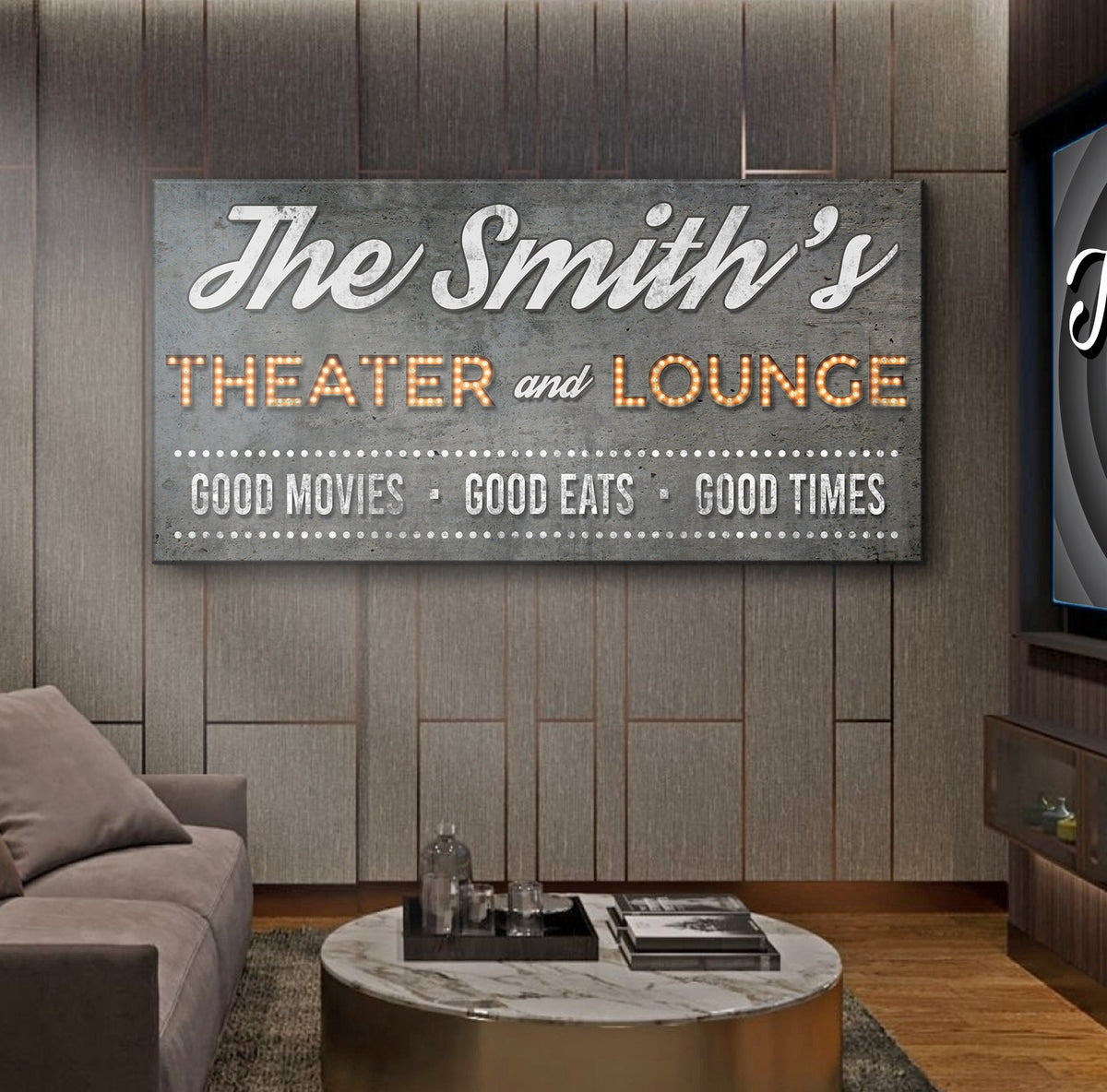 Tailored Canvases Family Theater and Lounge Sign V canvas with marquee lettering in living room on Tampa Home & Garden Store