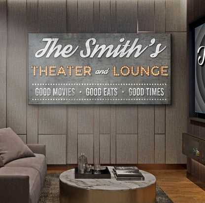 Tailored Canvases Family Theater and Lounge Sign V canvas with marquee lettering in living room on Tampa Home & Garden Store