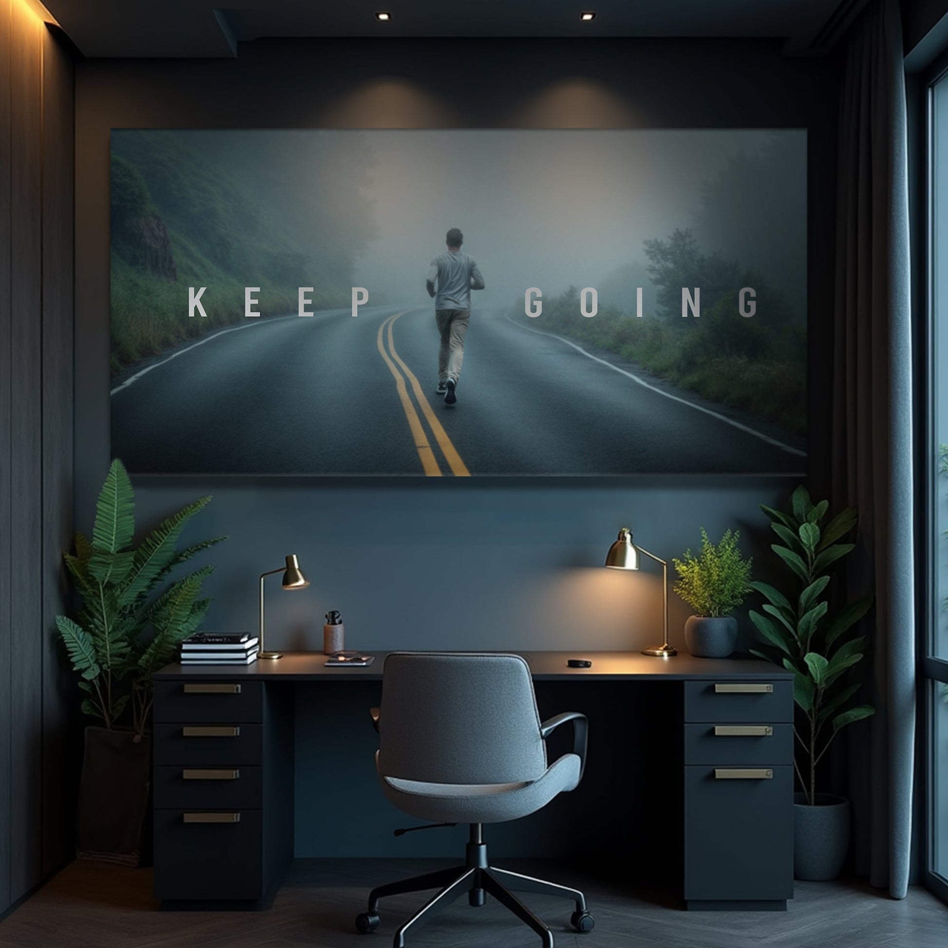 Keep Going Motivational Wall Sign canvas by Tailored Canvases featuring runner on a misty road on Tampa Home & Garden Store