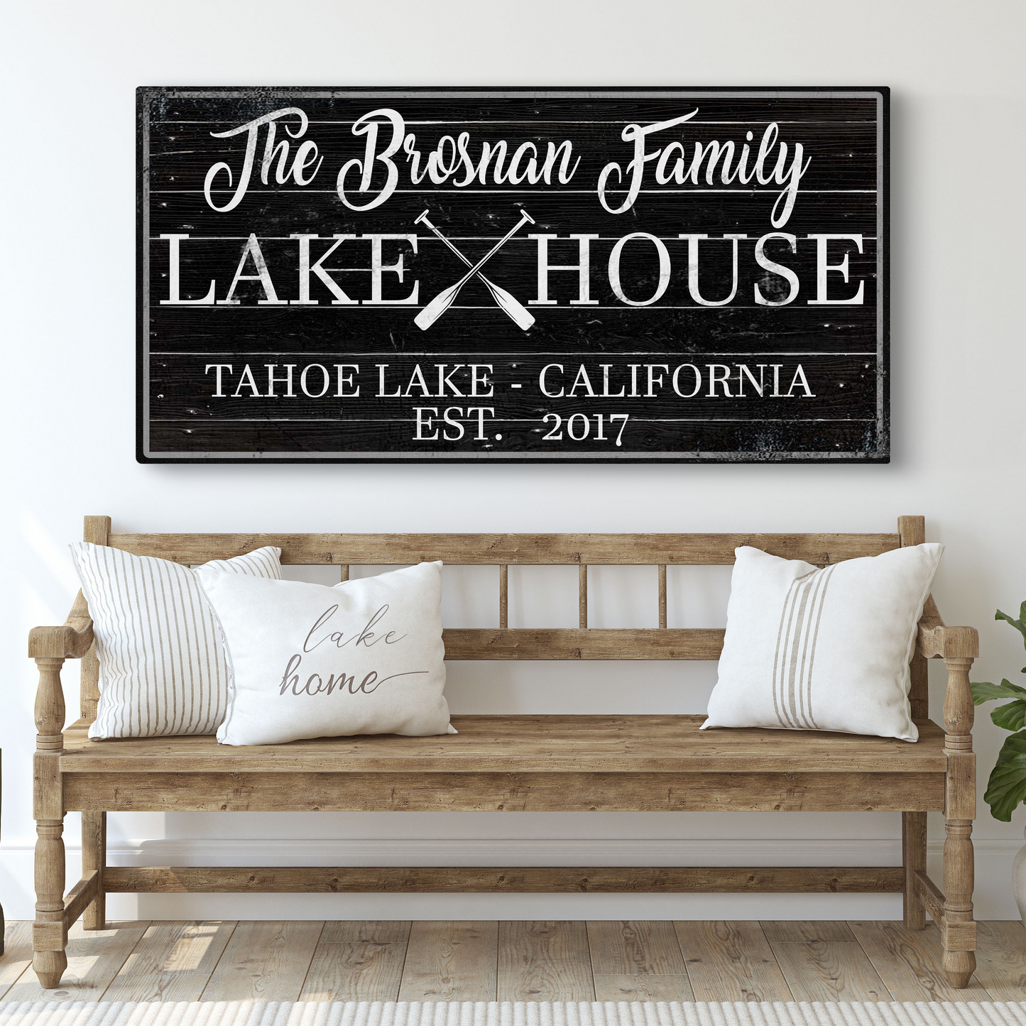 Family Lake House Paddle Sign II canvas, black plank background, white script, crossed oars on Tampa Home & Garden Store