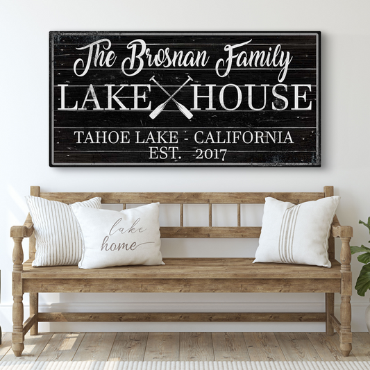 Family Lake House Paddle Sign II canvas, black plank background, white script, crossed oars on Tampa Home & Garden Store